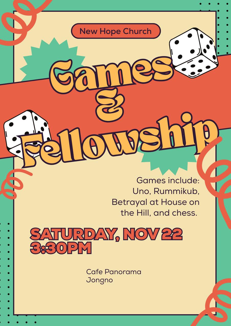 Games & Fellowship event poster with colorful board game graphics